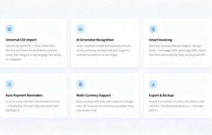 Platform feature overview: CSV import, receipt recognition, invoicing, multi-currency accounting