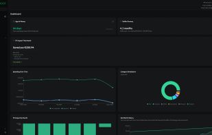 Dashboard with age of money, buffer runway, the month's exchange-rate impact, and spending by category