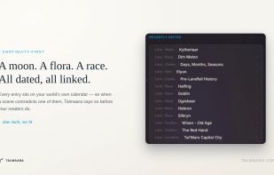 Every entry sits on your world's own calendar, so contradictions surface while you draft.