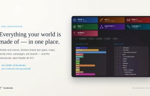 The dashboard: worlds, lore, books, maps, family trees, campaigns and pin boards in one workspace.