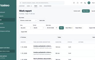 Monthly work report in the English interface, with demonstration work entries.