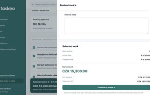 Invoice review and selected work totals in the English interface, using demonstration data.