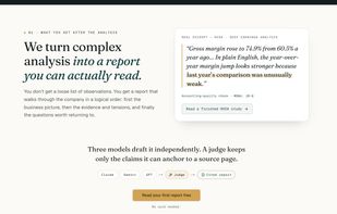Structured research reports with cited excerpts from filings and earnings, cross-checked by multiple models.