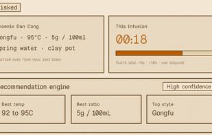 Brewing dashboard with AI-powered recommendations, brew timer, and optimal parameters for each tea