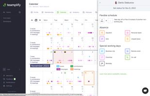 Your teammates can add their availability status right on the calendar. National holidays for 200+ countries are already built in. Turn on Slack, Mattermost, or email notifications to keep your team in sync about the work schedule
