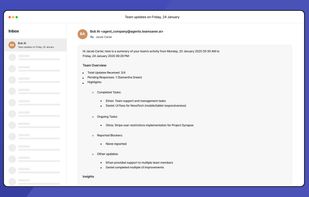 Smart AI summaries:
You get a concise email every morning, highlighting key updates, completed tasks, challenges, and potential risks.
