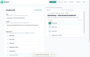 Creating a ranked-choice poll in TeamSort — add a title, context, and the list of options to rank, with a live preview of what voters will see.