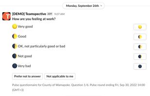 Answer smart pulse surveys directly in Slack or MS teams (in under 30 seconds).