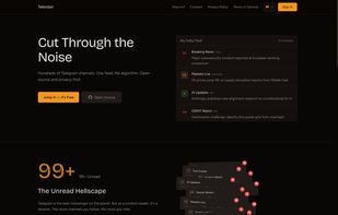 Televizor landing page showing the core concept: turn multiple Telegram channels into a single chronological feed delivered inside your own Telegram account.