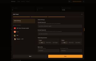Per-feed keyword filter configuration with include and exclude rules, letting users narrow each feed to only the messages matching their chosen keywords.