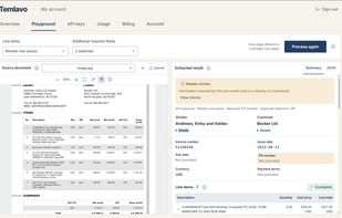 Example of a configured required-field check: the invoice data is still extracted, but because the required PO number is missing, Temlavo returns needs_review so the workflow can route it for attention.