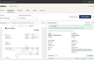 A successful invoice extraction with structured vendor details, totals, taxes, and line items, returned as a completed result ready for downstream automation.
- This is the Playground for logged in users where any document can be tested. Playground in landing page can only be used for sample documents/results