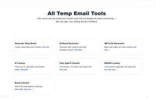 Complete privacy toolkit with temp email generator, QR tools, IP lookup, WHOIS lookup, email checker and more.