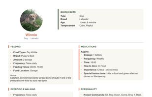 TendCard. Pet page giving the sitter full details on each pet, plant, and home item added to their designated trip.