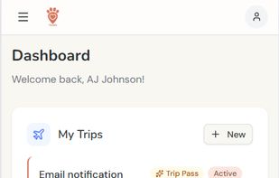 Owner Account's Dashboard Page. Holds all of owner's trips and care items (pets, plants, home).