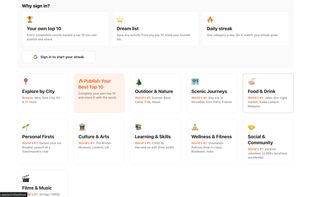 Scrolling down home page shows curated lists, and published lists by community and in current empty state it encourages users to complete and publish their top10