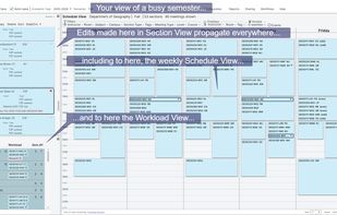Three main panels: Section View, Schedule View and Workload View