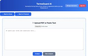 TermsGuard AI App Page. Upload a PDF or copy and paste any legal document that needs to be summarized.