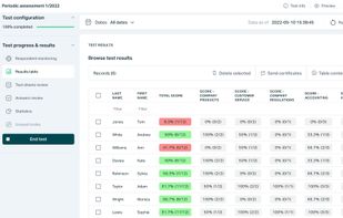 Online test result page with all respondents' data visible.