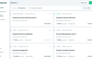 Testportal App main view with intuitive menu and all created tests at hand.