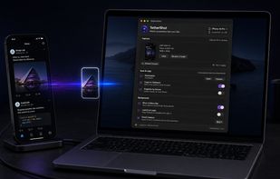 In-use product visual showing an iPhone capture flowing into TetherShot on a MacBook.