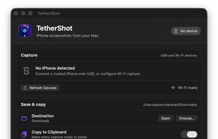 TetherShot’s native macOS capture window for saving and copying iPhone screenshots.