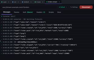 WebSocket connection with the live message log