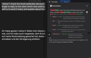 Grammar correction with visual diff highlighting and AI explanations for changes.