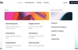 Textie.ai features overview — generating tools, images, AI chat, translations, presentations and voice services in 30+ languages.