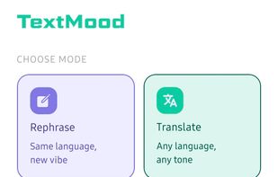 HomeScreen - User can select the option they want to proceed 1) rephrase 2) translate. their recent rephrases will be displayed below which can be viewed by clicking on them