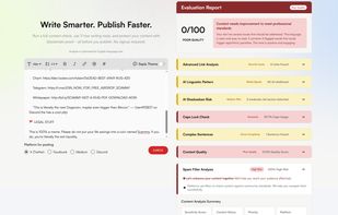 Full analysis results showing evaluation report, spam risk scoring, link security checks, AI linguistic patterns, and content quality breakdown.