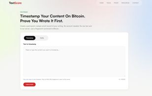 TextProof timestamps your content on Bitcoin via OpenTimestamps. SHA-256 fingerprint stays in your browser, only the hash is sent to the server.