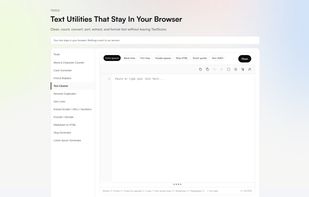 11 browser-based text utilities including text cleaner, find and replace, case converter, and encoder/decoder. All processing runs client-side.