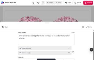 The Text panel, where you type the words and switch between the three fill styles.