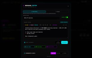 Advanced message editor with media support, premium emojis, message forwarding, content spinning, and scheduled campaigns for groups, categories, and individual users.