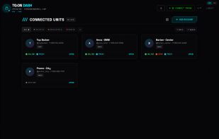 TG:ON Dash account management dashboard with connected Telegram accounts, live status monitoring, and quick access controls.