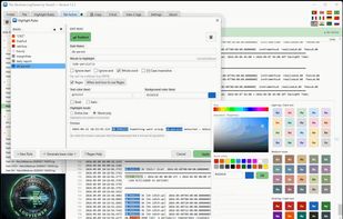 Highlight rules editor: define regex or plain-text patterns with custom foreground and background colors. Live preview shows the result before applying.