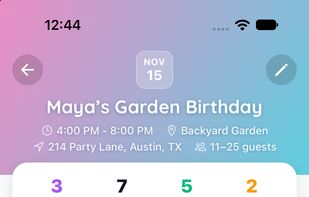 The event dashboard brings essential party-planning tools together in one place. Users can access checklists, guest lists, notes, budgets, timelines, and invitations while tracking their event's overall preparation progress.