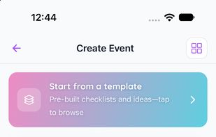 The event creation screen lets users start planning a party from scratch or choose a ready-made template. Users can enter event details, select a date and time, and customize their event to suit the occasion.