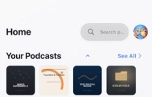 Home screen: your podcasts and the latest episodes from every show in one feed.