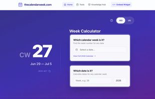 thecalendarweek.com landing page featuring a lightning-fast, minimalist interface that instantly displays the current ISO 8601 or US calendar week. Offers reverse lookup.