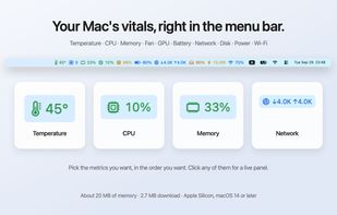 Ten readouts in the menu bar; click any of them for a live panel