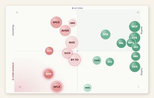 Portfolio Bubble Plot- Instead of a list of numbers: every holding, sized by weight, coloured by how it's doing.