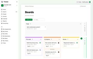Boards: cards with assignees, due dates, and steps moving through columns that share the board, with a Triage strip, an on-hold section, and Not Now and Done rails.