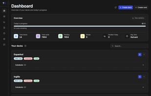 Dashboard with your deck tree and daily study progress."