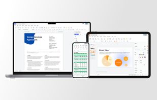 Thinkfree Office running across desktop, tablet, and mobile devices, with browser-based word processing, spreadsheet, and presentation applications.