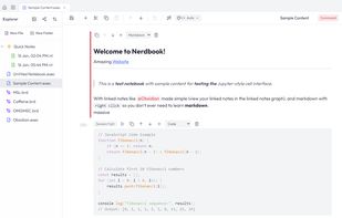 Workspace with a nerdbook file opened (Allows markdown, runnable code and image/tables)