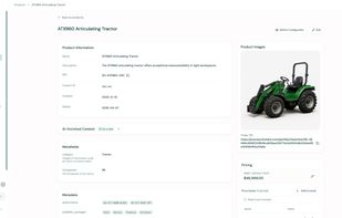 Catalog managers keep every product record complete and launch-ready: core attributes, AI-enriched content status, metafields like horsepower and category, metadata for attachments and available packages, pricing, and a direct path to the configurator — all on one page.