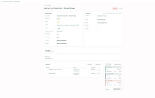 Sales reps see every dimension of a quote in one place — customer contact, project linkage, line-item pricing, and a live cost-and-markup summary that rolls up to a grand total. Reps can add ad hoc items or catalog products without leaving the view.