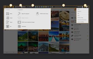 The main menu to control and access all the functional areas: (1) Create new content or install the most popular extensions; (2) Switch between the content area and the Intelligence section; (3) Access any of the active applications and extensions; (4) Retrieve content using keywords or tags with autocompletion; (5) Access additional Platform areas